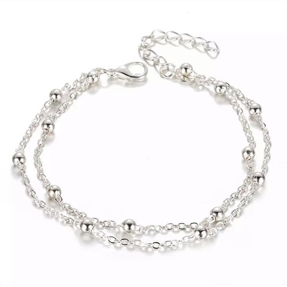 🔴𝟭𝟬/$𝟮𝟱🔴NEW 2 Layered Beaded Silver Chain Anklet - Picture 4 of 8